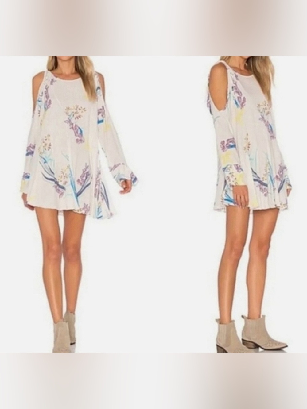 Free People Cream with Blue and Yellow Floral Print Tunic Dress - Size S - Picture 3 of 7
